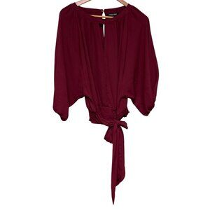 Gabrielle Union Women's Burgundy Tie Waist Key Hole 1/2 Sleeve Blouse  Large